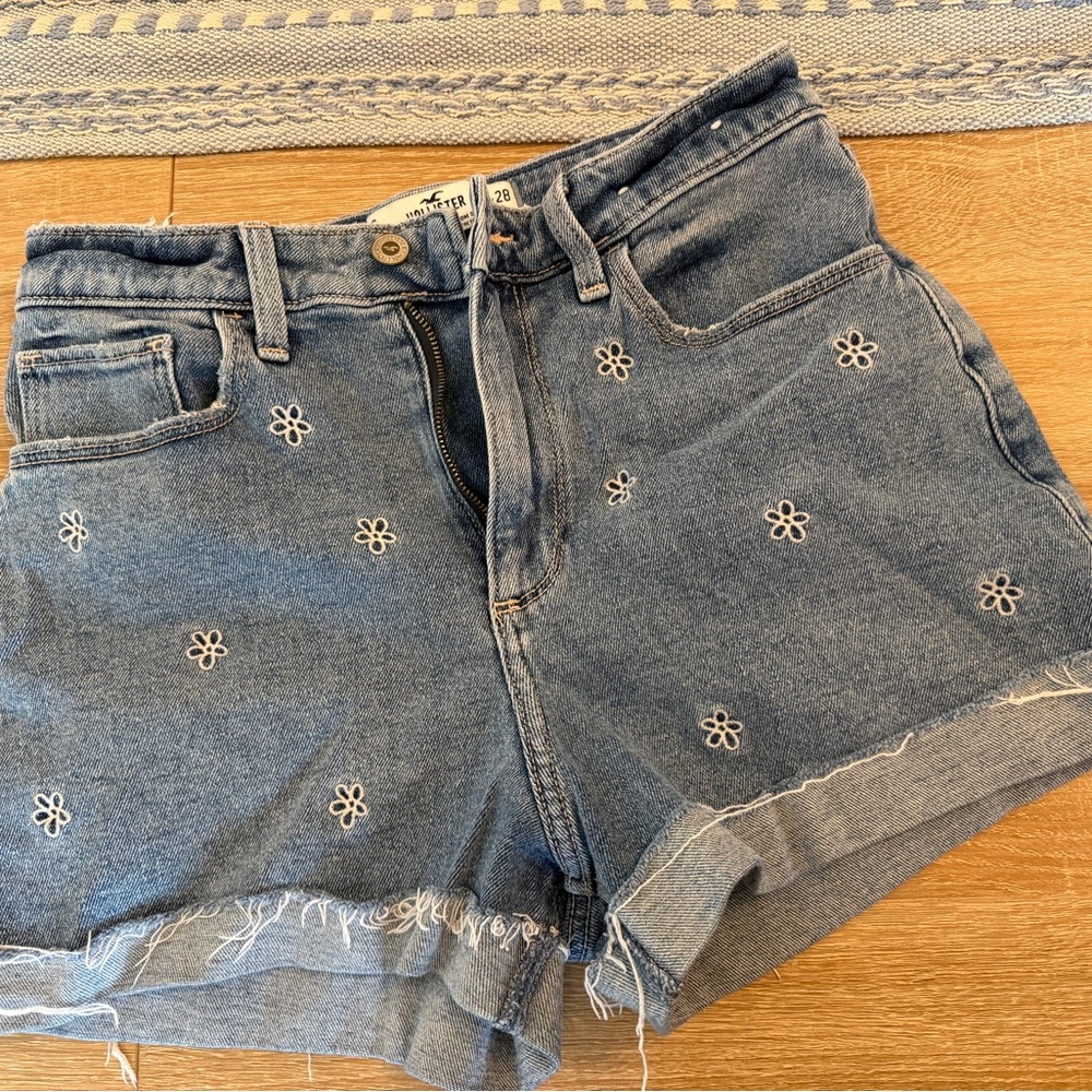 Hollister Light Blue High-Rise Daisy Embroidered Jean Shorts